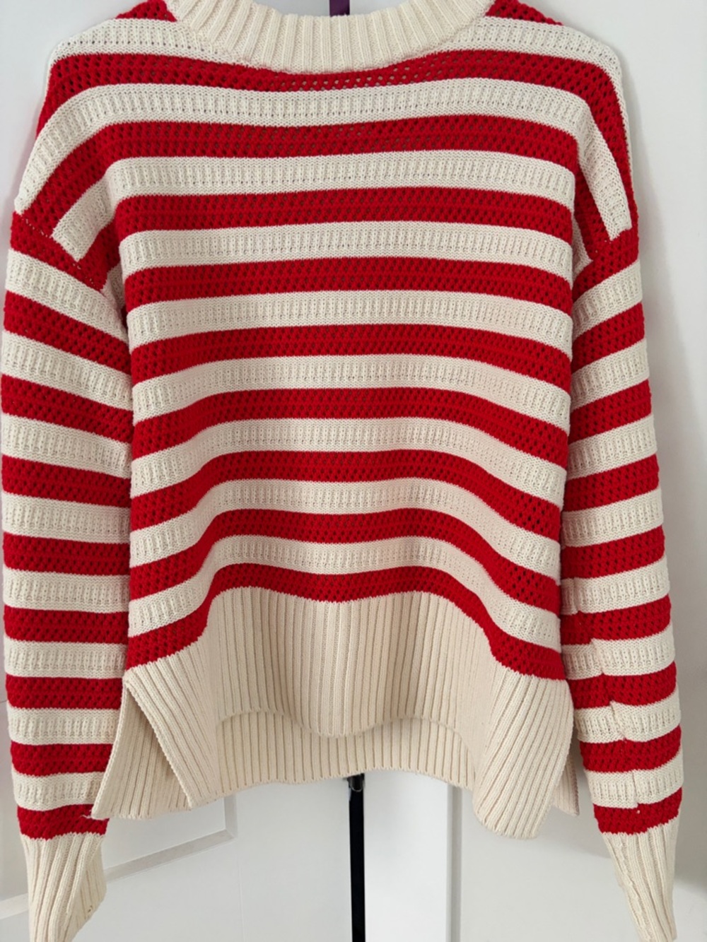 H&M Red and Cream Striped Crew Neck Sweater